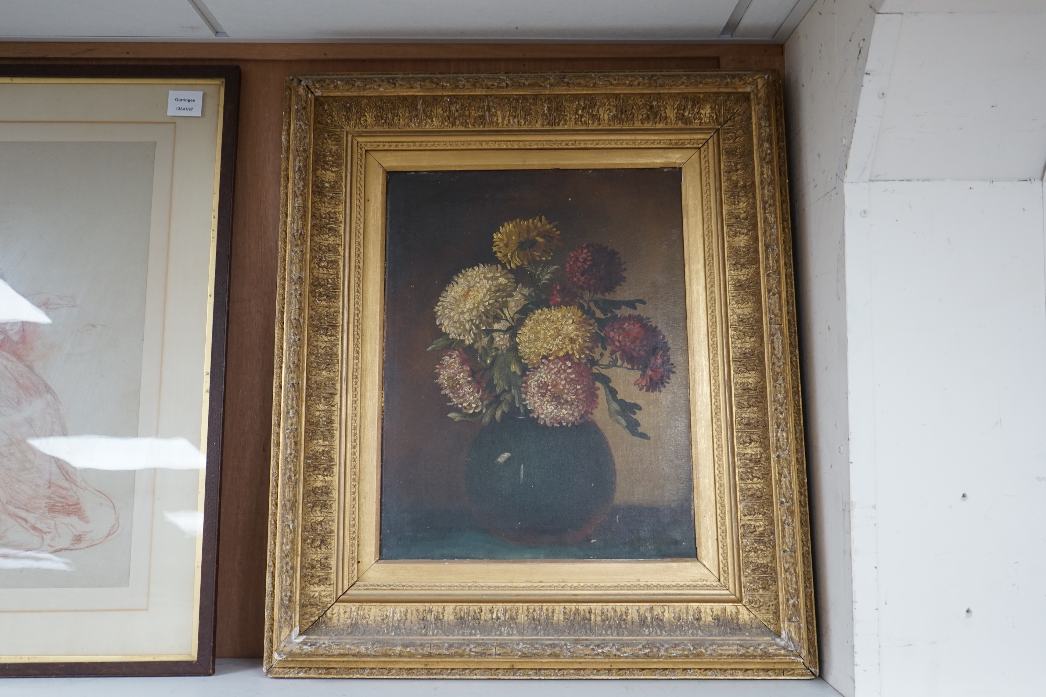 19th century oil on canvas, Still life of chrysanthemums in a vase, signed with monogram M.L, dated 1882, 45 x 35cm, ornate gilt framed